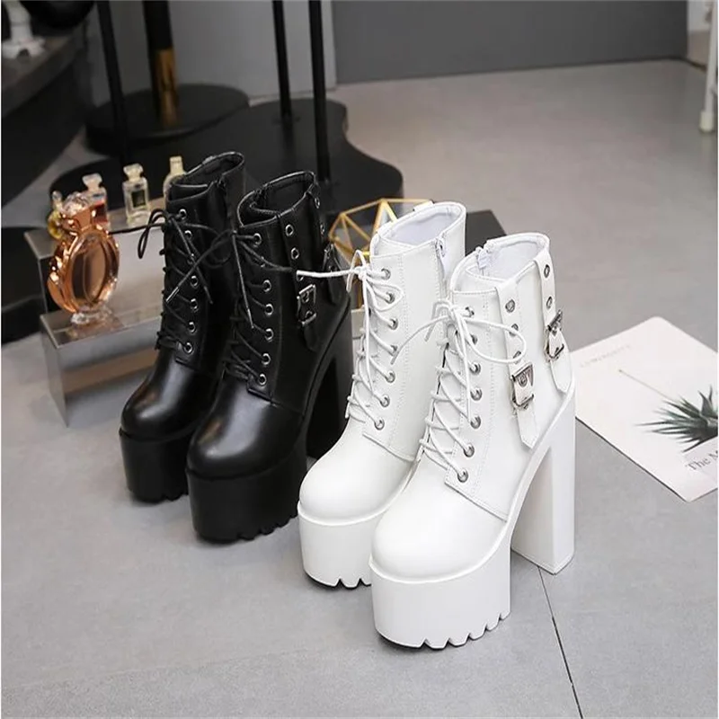 

New 14CM European and American white high heel ankle boots muffin waterproof platform thick soled lace-up women's shoes thick he