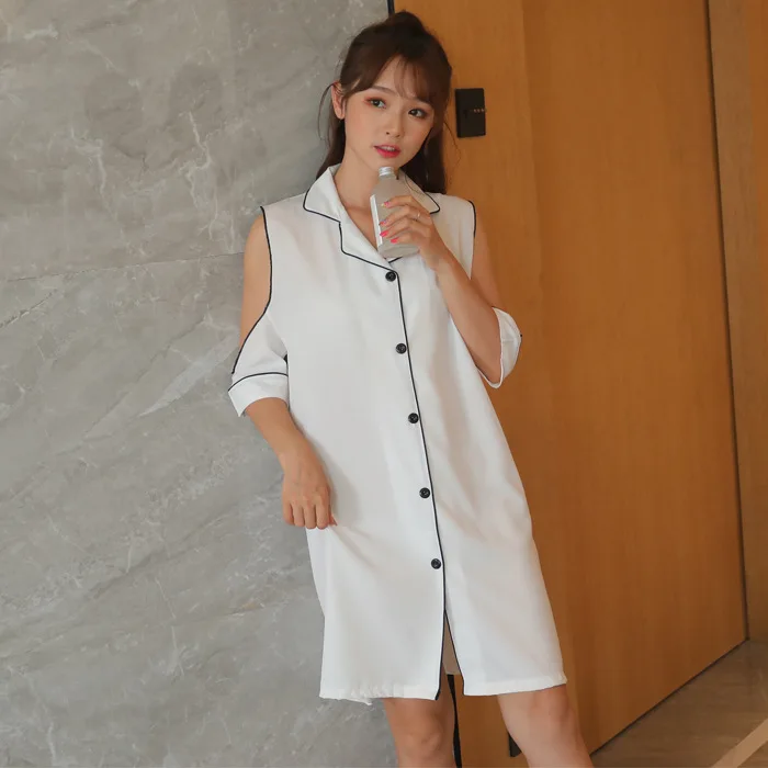 White Strapless Nightdress Women 2021 Half Sleeve Strapless Casual Sexy Rayon Thin White Cardigan Shirt Sleepdress Nightwear