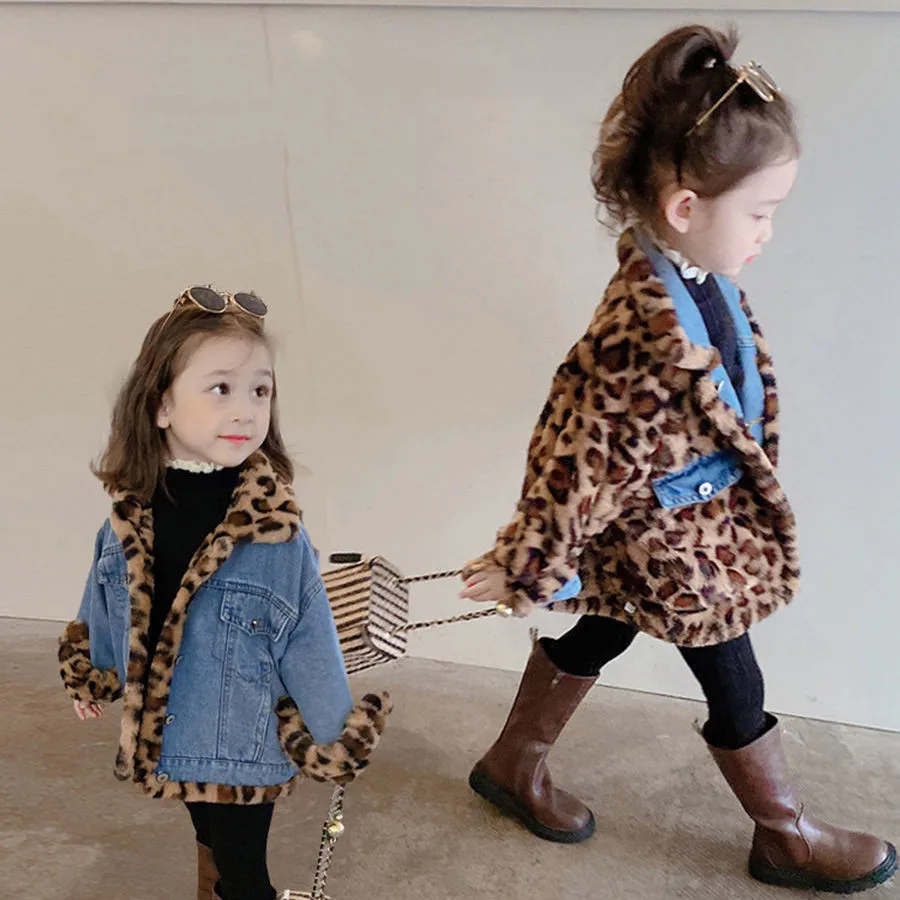 

New Girls' Autumn Winter Denim Thick Jackets Children's Leopard Denim Faux Fur Tops Kids Fashion Warm Double-faced Wear Coats