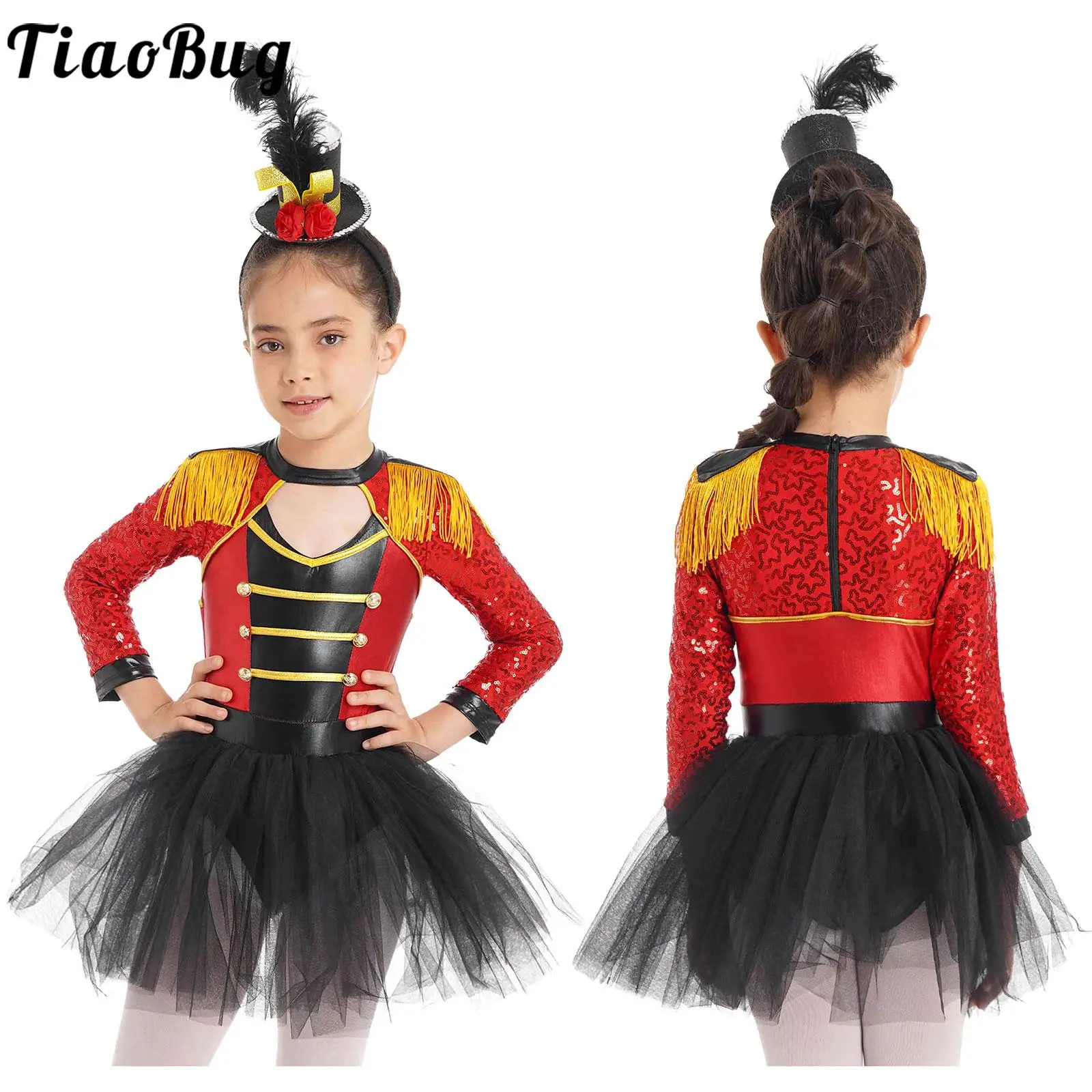 

Kids Girls Halloween Circus Ringmaster Costume Long Sleeve Sequin Leotard Tutu Dress Carnival Party Magician Lion Tamer Cosplay