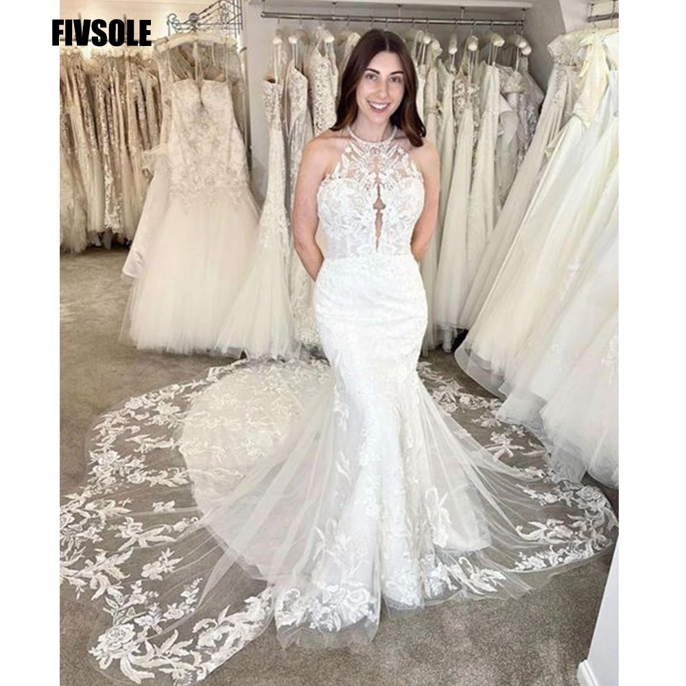 

Fivsole Lace Appliques Boho Wedding Dressees Mermaid Bride Gown Sexy Halter Sleeveless Wedding Party Gowns 2022 Robe De Mariée