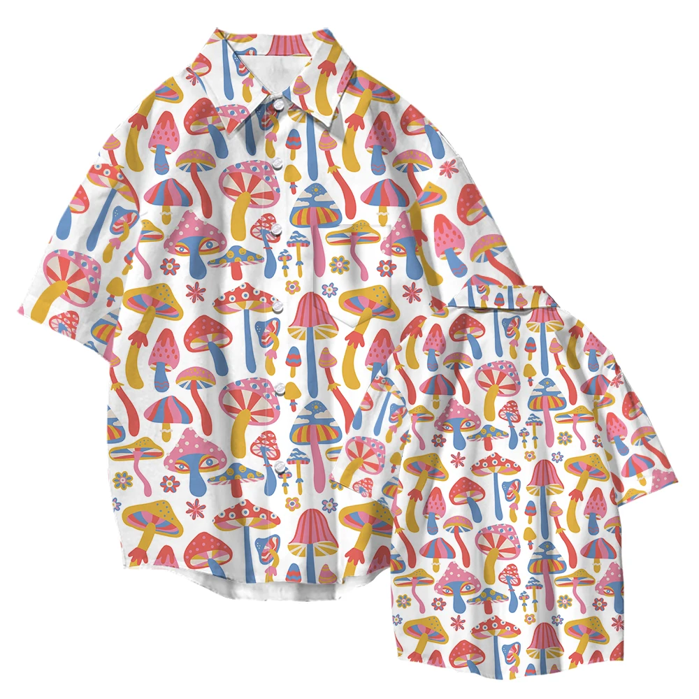Mushroom Print 2022 Summer Men Women Hawaiian Beach Oversized Short Sleeve Shirts Streetwear Casual Vacation Designer Clothing
