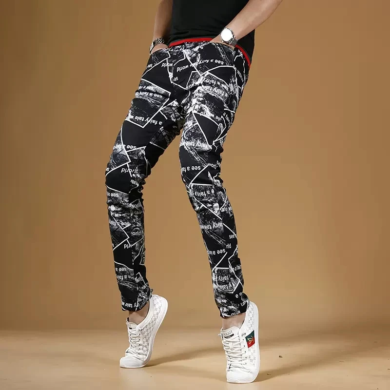 Summer Men Fashion Printed Black Jeans Streetwear Casual Slim Fit Straight Pants Korean Style Digital Printing Denim Trousers