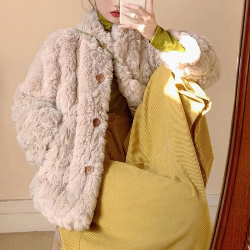 

Женское пальто из искусственной кожи H, свободное плюшевое хлопковое пальто в гонконгском ретро-стиле для осени и зимы