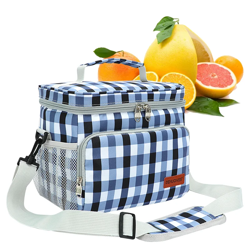 

DENUONISS Insulated Lunch Bag For Women Large Capacity Thermal Picnic Bag With Shoulder Strap Meal Prep Plaid Print Cooler Bag