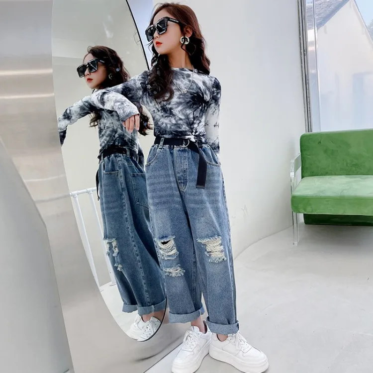 

Спортивный костюм для девочек, кофта и джинсы, школьная одежда для подростков, Одежда для танцев в стиле поп, на весну и осень, на возраст 6, 8, ...