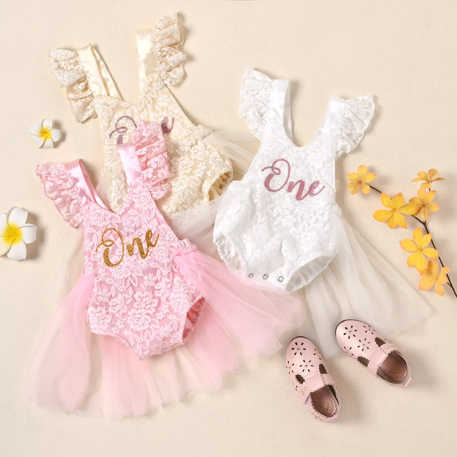 Baby Girls Birthday Romper Dress with Mesh Stitching, One Letter Print Florals Lace Jumpsuits Princess Summer Costume