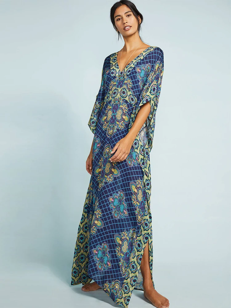 

Bohemian Printed V Neck Bat Sleeve Dress For Women Cotton Tunic Beach Wear Kaftan Long Summer Beach Dresses Q761