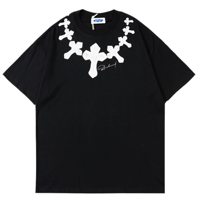 

Men Cross Necklace Print Tee Shirt 22SS Unisex Short Sleeve 100%Cotton t shirts Female Oversize O-neck Black White Tops футболка