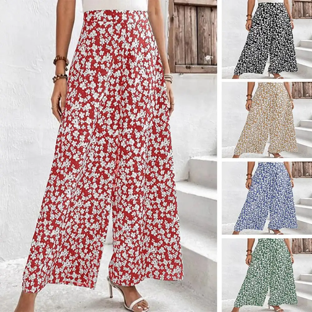 

Women Pants Flower Print High Waist Elastic Waistband Long Pants Straight Wide Leg Holiday Pants Streetwear