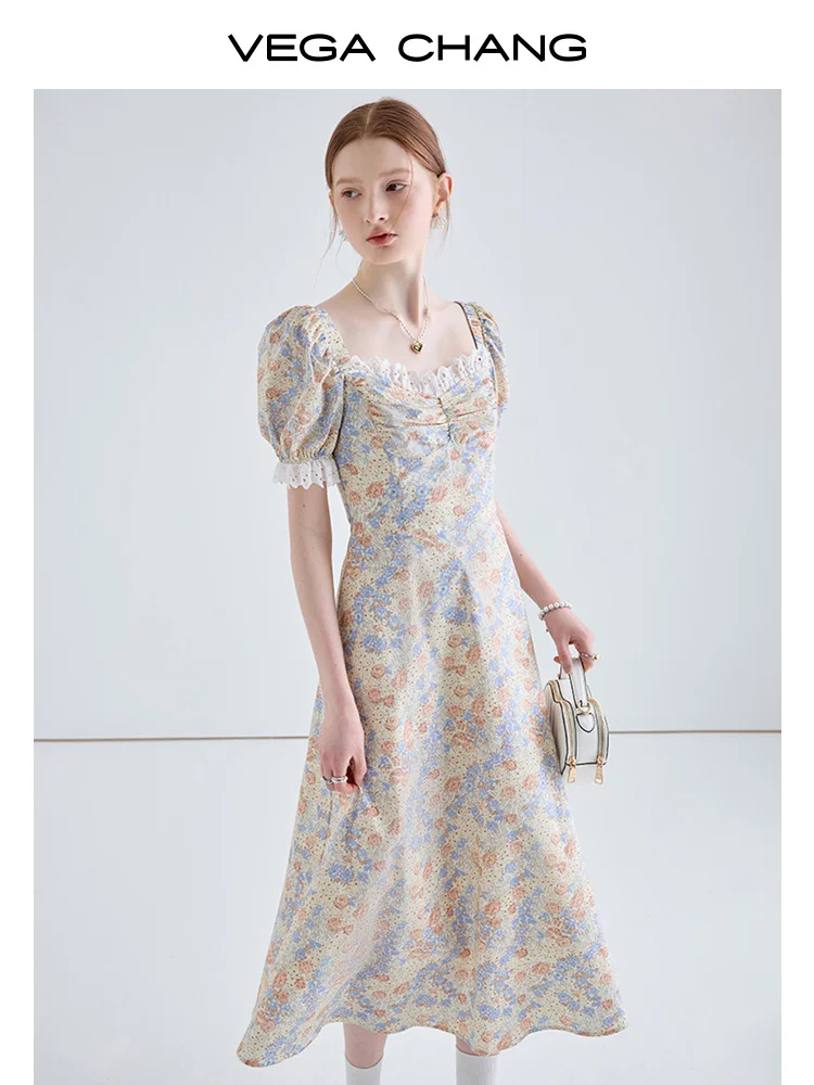

Tea Break French Dress Women's 2023 Summer New Waist Slim Bubble Sleeve Fragmented Flower Long Dress