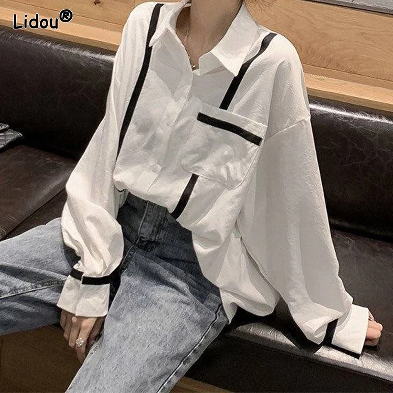 Women's Clothing Business Casual Office Lady Loose Elegant Fashion Striped Patchwork Casual Button Turn-down Collar Blouses