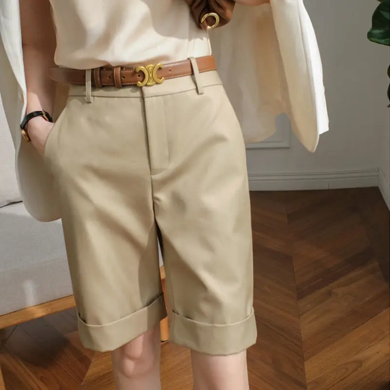 Summer Women's Shorts Knee Length Straight Pants with Belt Office Khaki White Black Casual Fashion Woman High Waist Short Pants