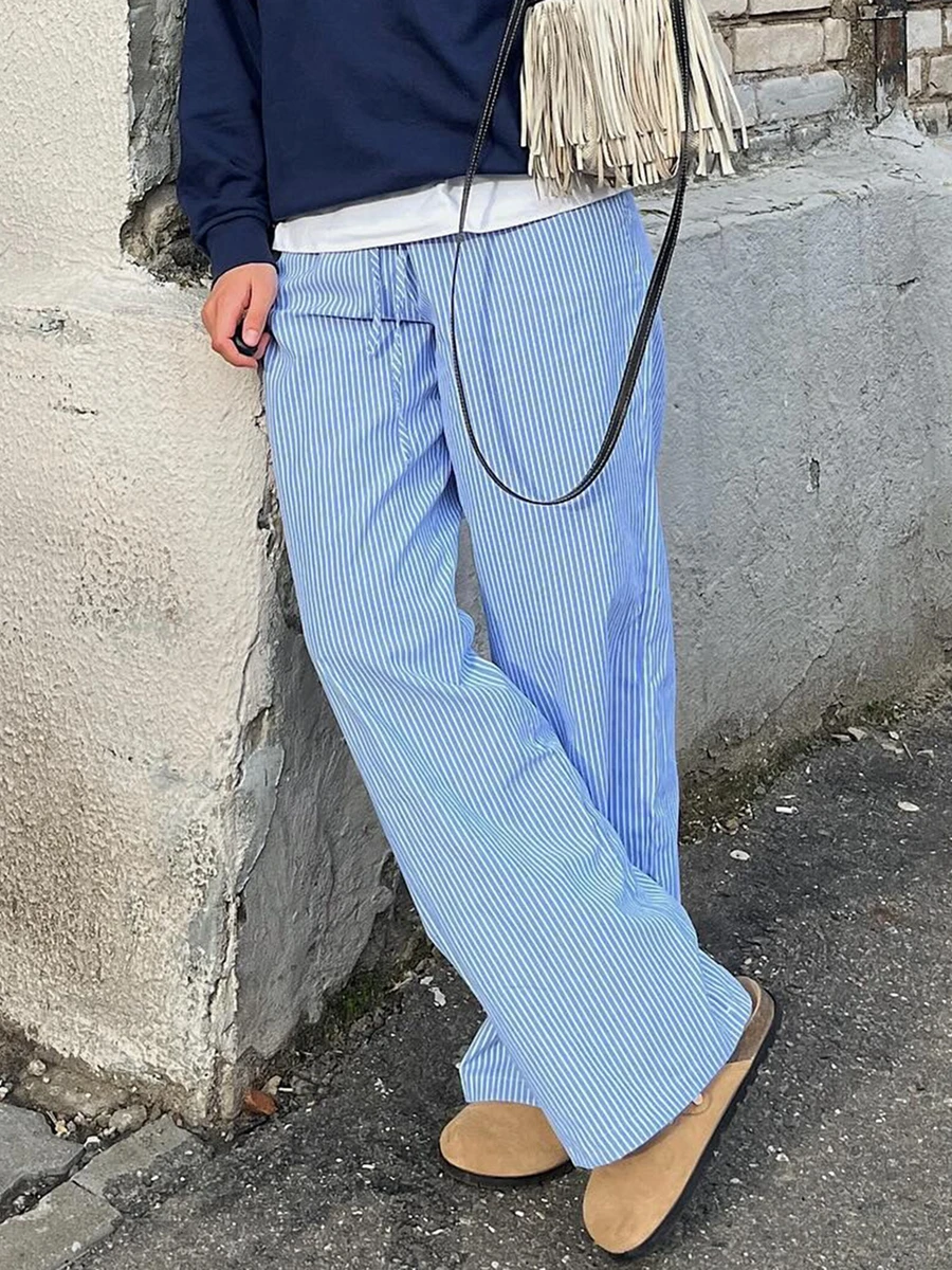 Женские полосатые домашние брюки повседневные Прямые с эластичным поясом