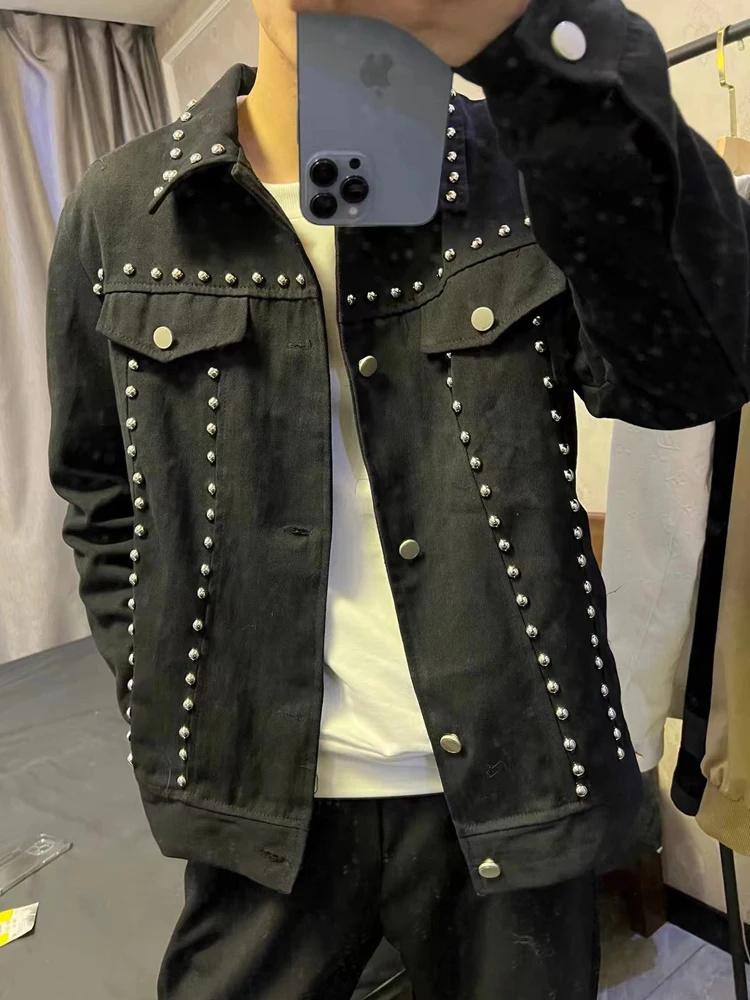 Куртка мужская джинсовая с бисером корейский стиль черная большие размеры |