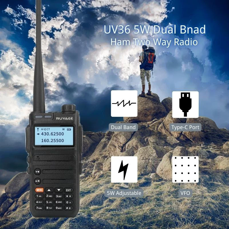 Ruyage UV36 Walkie Talkie Ham Two-way Radio Stations Long Range Walkie-talkies Profesional UHF VHF USB Type C Charger 5W GMRS