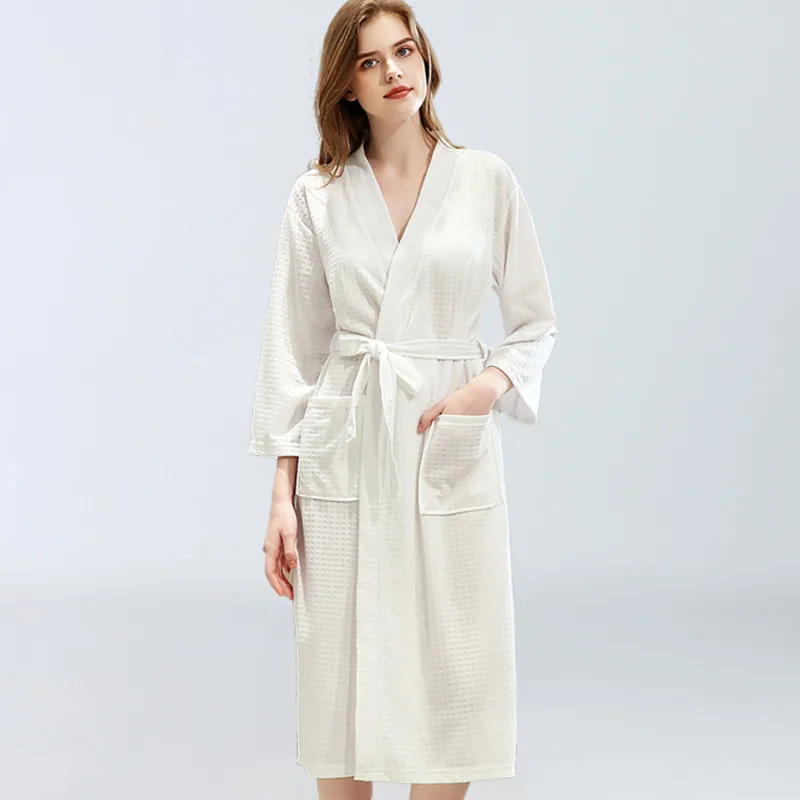 

Womens Robe Waffle Long Sleeve Pajama Sweat Steam Quick Drying Yukata Sleepwear Bathrobe Couple Home Service Nightwear Nightgown