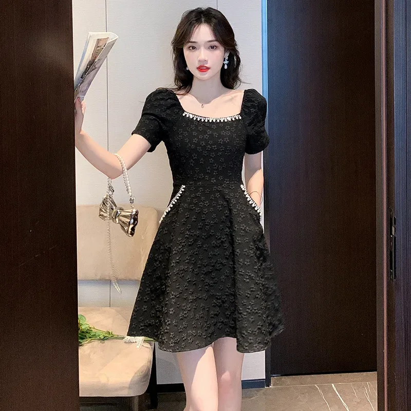 2023 Summer New Elegant Slim Fashion Square Collar French Style Heavy Embroidered Rhinestone Pocket Petite Stylish Dress For Wom