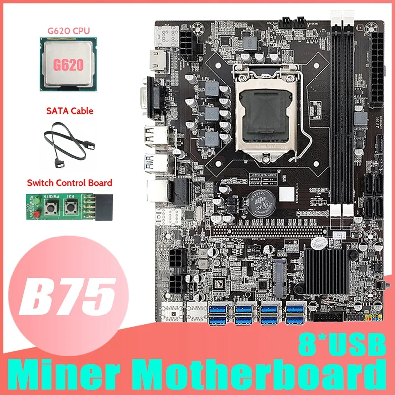 

NEW-B75 USB ETH Mining Motherboard 8XUSB3.0+G620 CPU+Switch Board+SATA Cable LGA1155 DDR3 B75 USB BTC Miner Motherboard
