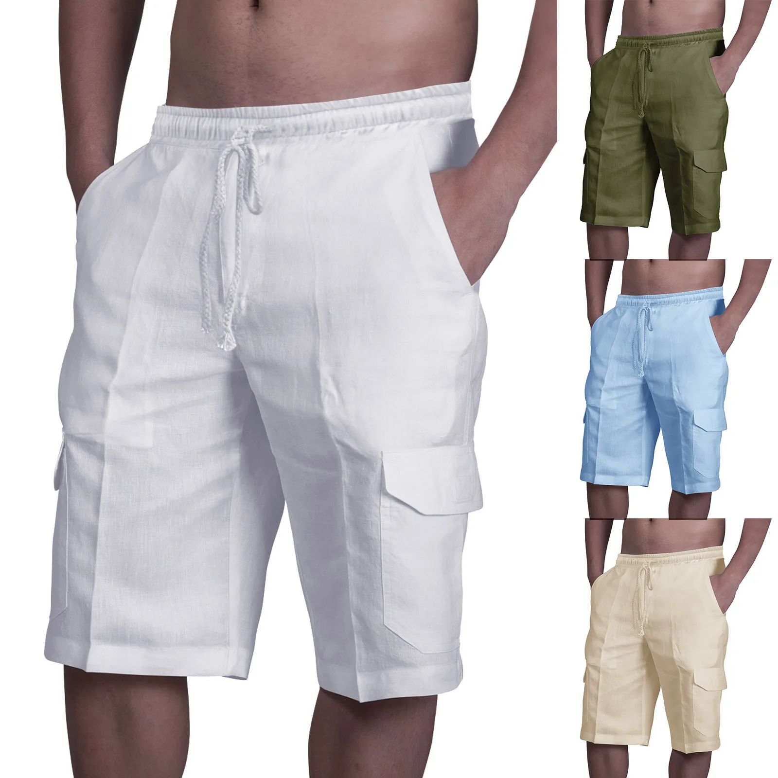 

Mens Shorts Summer New Linen Shorts Multi-pocket Tether Mens Beach Overalls Cropped Pants