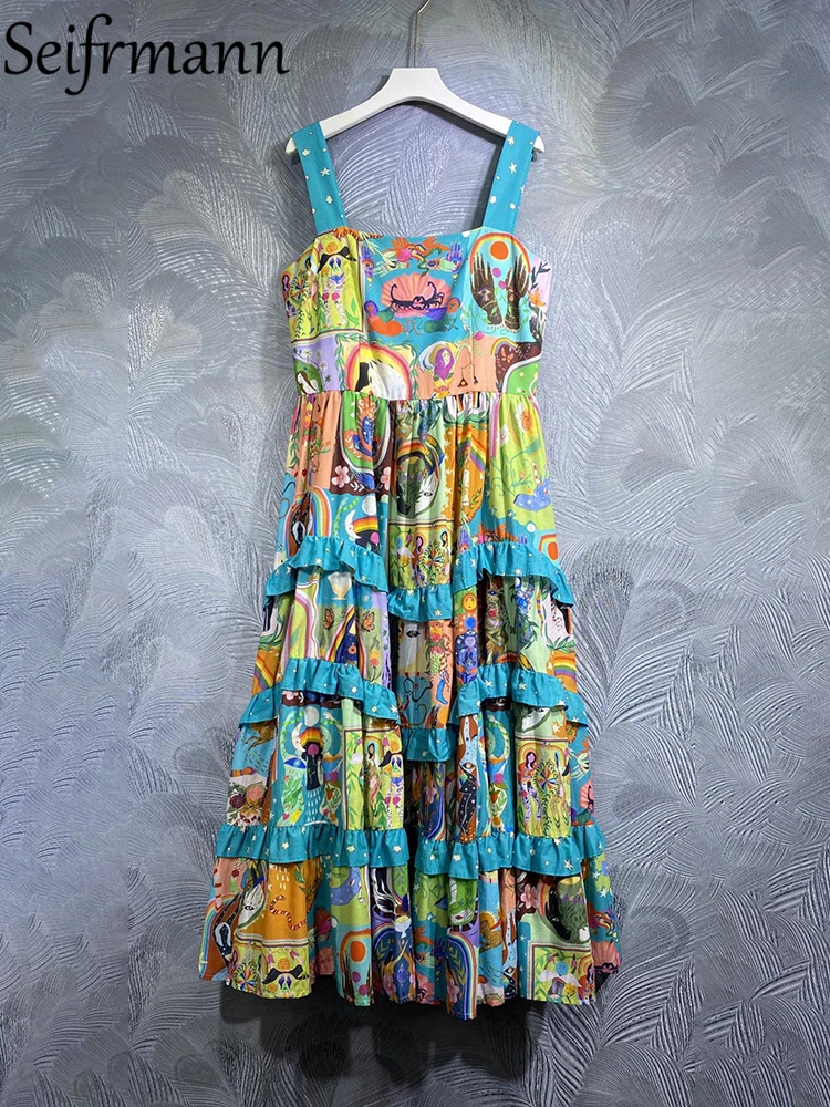 

Seifrmann High Quality Summer Women Fashion Runway Holiday Dress Sexy Spaghetti Strap Multicolor Printed Ruffles Trim Dresses