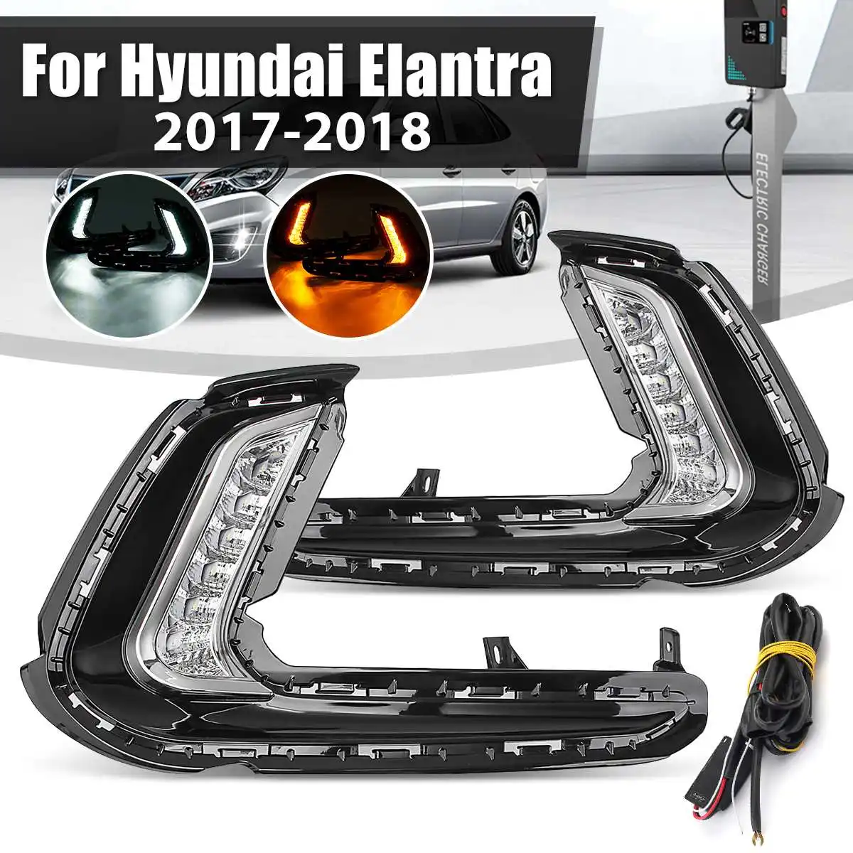 

Пара светодиодных дневных ходовых огней DRL, противотуманные поворотники для Hyundai Elantra 2017-2018 AD, жгут проводов, противотуманные фары в сборе