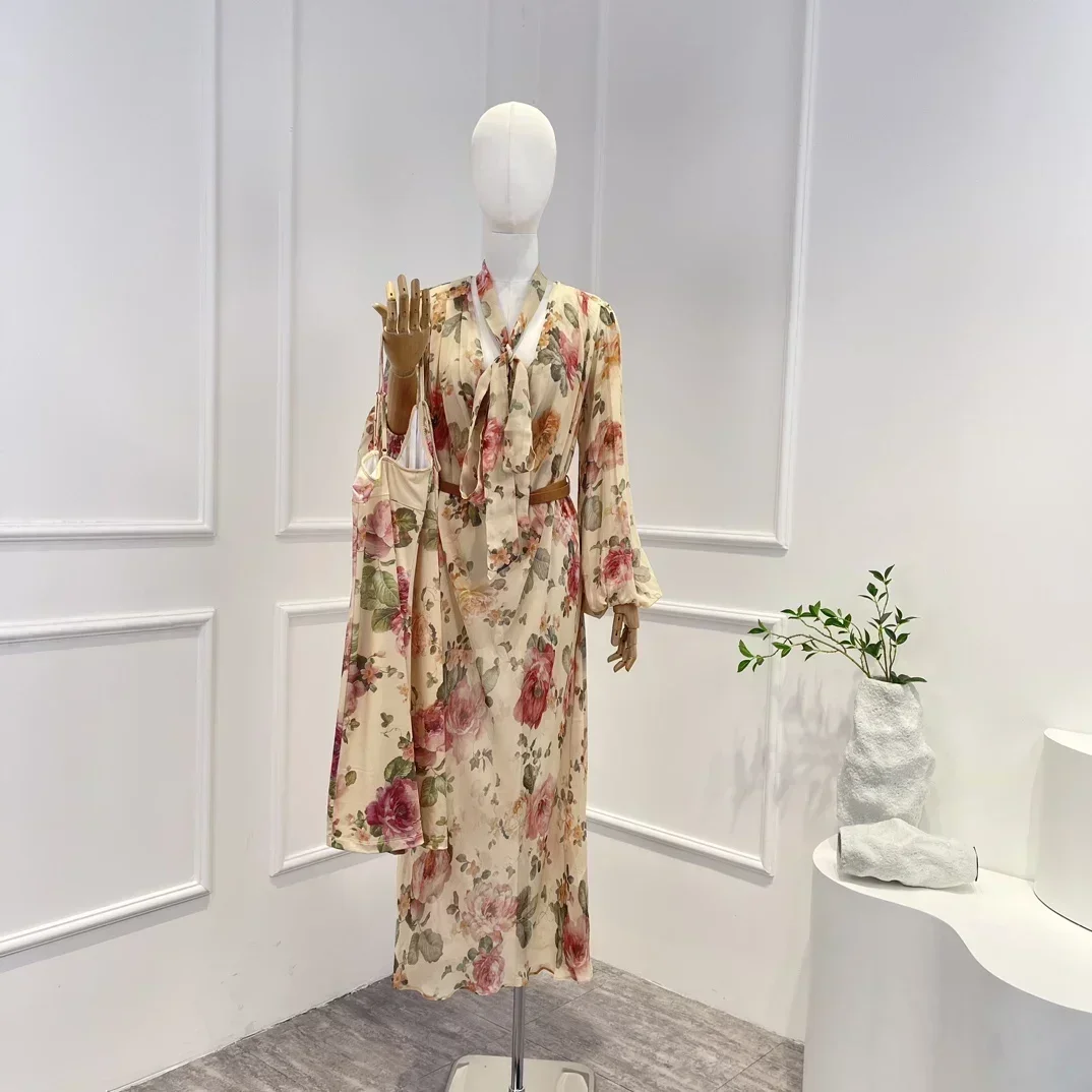 

New Arrivals 2023 Vintage High Quality Elegant Floral Printing Self-tie Bows Neckline Belt Long Lantern Sleeve Dress for Women