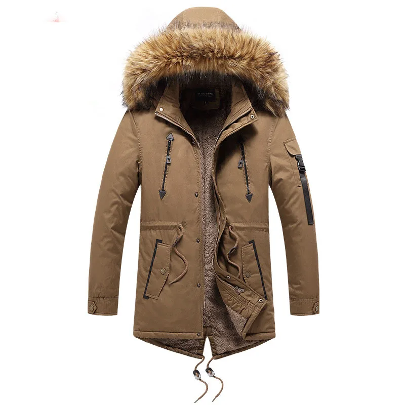 Men's Hooded Parka Jackets Winter new Thicken Fleece Windbreaker Coats Solid Male Fur Collar Outdoor Cotton Overcoat Asian Size