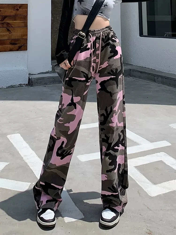 

Брюки женские прямые камуфляжные в американском стиле, повседневные свободные штаны с завышенной талией, брюки с широкими штанинами в стиле хип-хоп