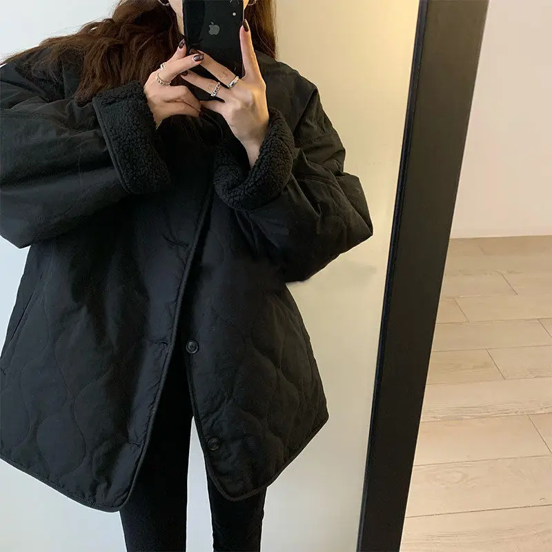 O-neck Stitching Lamb Wool Cotton Coat Women Autumn Winter Cotton Coat Coat Fashion Reversible Casual Top