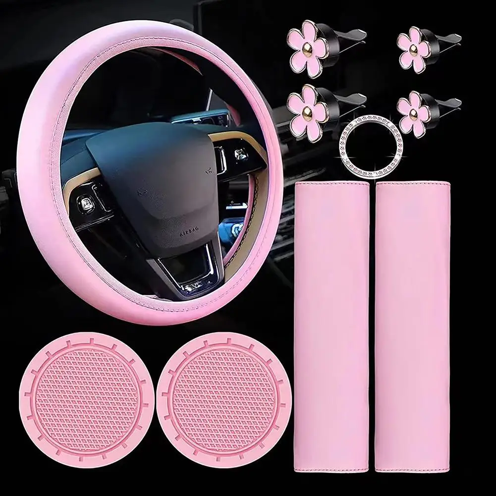 

10 Pcs Leather Steering Wheel Cover For Women Cute Car Accessories Set With Seat Belt Shoulder Pads Cup Holders