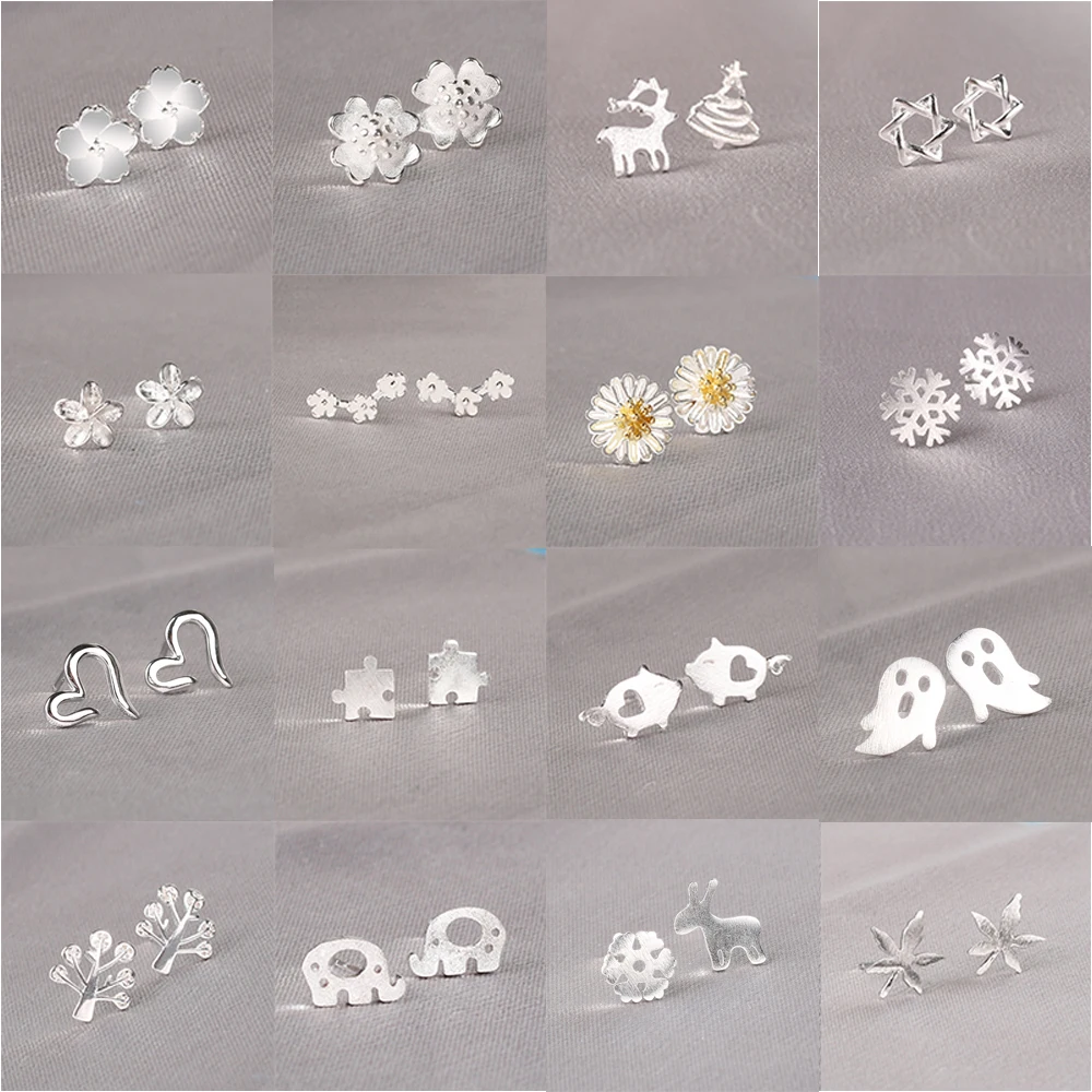 

925 Silver Needles Lovely Mini Stud Earrings Women Christmas Xmas Cute Butterfly Heart Star Moon Daisy Planet Ear Studs