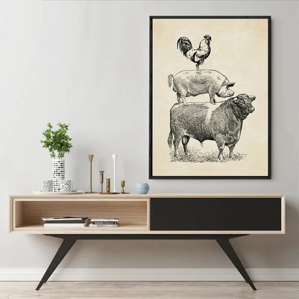 

Farm Poultry Cow Pig Chicken Vintage Poster Kitchen Decor French Country Farmhouse Retro Wall Art Picture Canvas Painting Prints