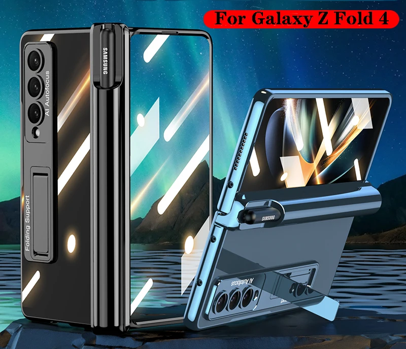 

Plating Transparent Case For Samsung Galaxy Z Fold 4 5G Case Pen Holder Case Magnetic Hinge Protective Cover Bracket Glass Film