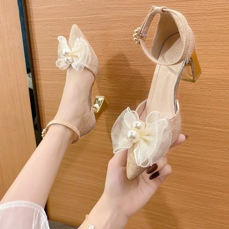 

Women's Sandals 2022 Sweet Pointed Toe Mesh Bowknot Pearl Decoration Cloth Buckle Hollow Summer Stiletto High Heels