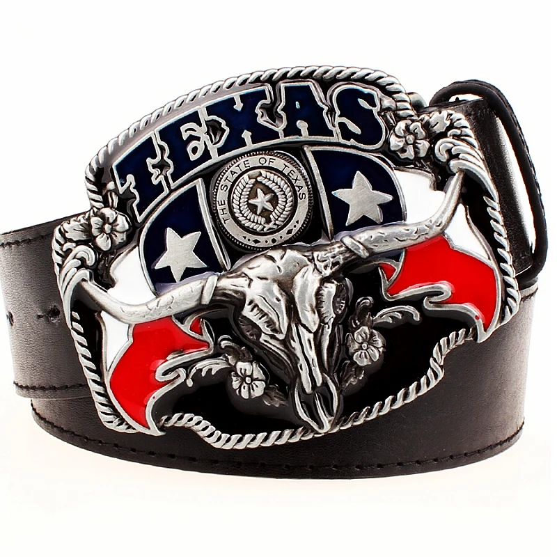 Wild West TEXAS Cowboy Belt Bull Skull Head Metal Buckle American Texan Pride Fashion Waistband For Men