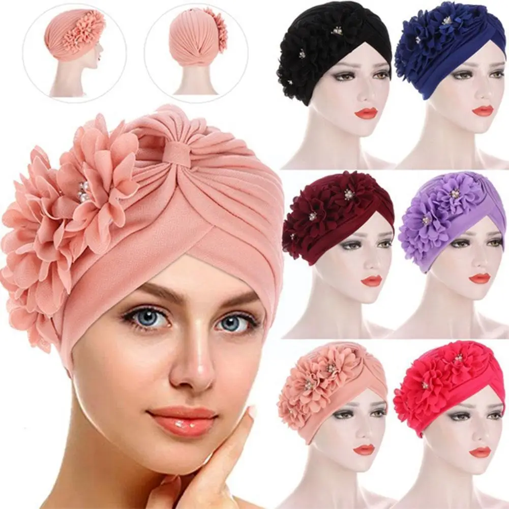 

Flower Hijab Turban Head Warmer for Women Diamonds Soild Color Muslim Headscarf Bonnet Inner Hijabs Arab Head Wraps Indian