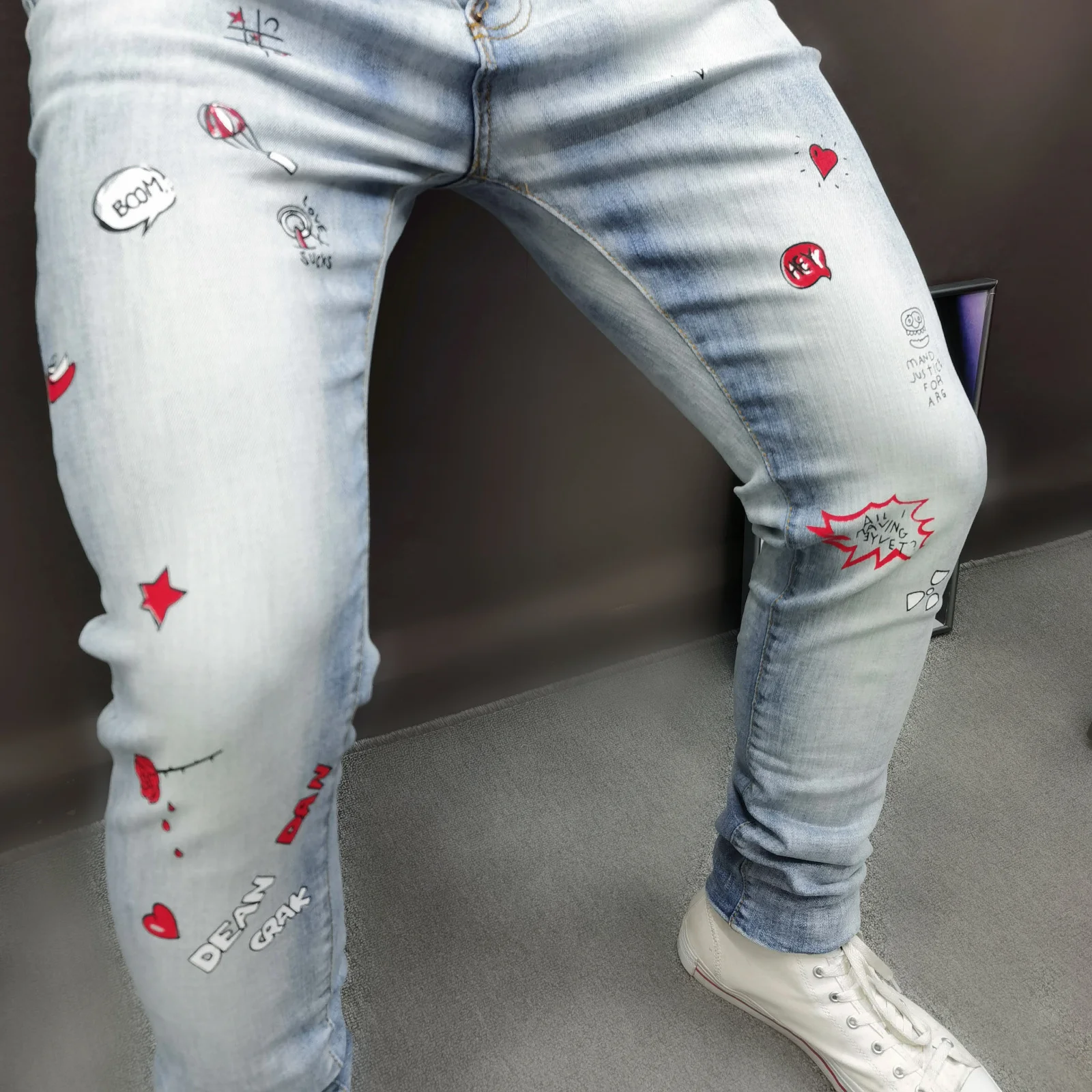 Summer Hip Hop 2023 Heart Printed Denim Jeans Men Slim Stretch Designer Graffiti Jeans Pants Dance Party Graphic Jean Harajuku