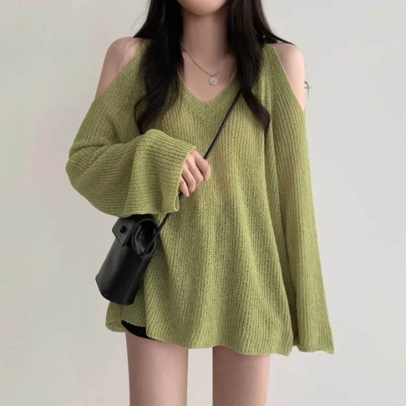 

Pullovers Women Elegant Loose Sexy Off Shoulder Streetwear V-neck Knitting Simple All-match Autumn Korean Style Casual Fashion