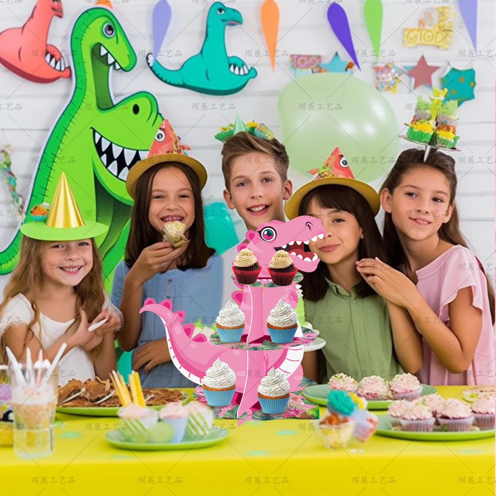 

Pink dinosaur 3 Layer Circular Cake Stand cartoon roar Cupcake Dessert Table Shelf Happy girls dinosaur Birthday Party Decor
