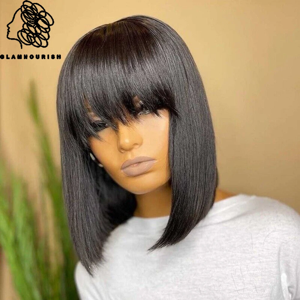 Купи Short Straight Hair Bob Wigs Brazilian Human Hair Wig With Bangs Remy Full Machine Made Wig for Women Non Lace Glueless Bob Wig за 1,558 рублей в магазине AliExpress