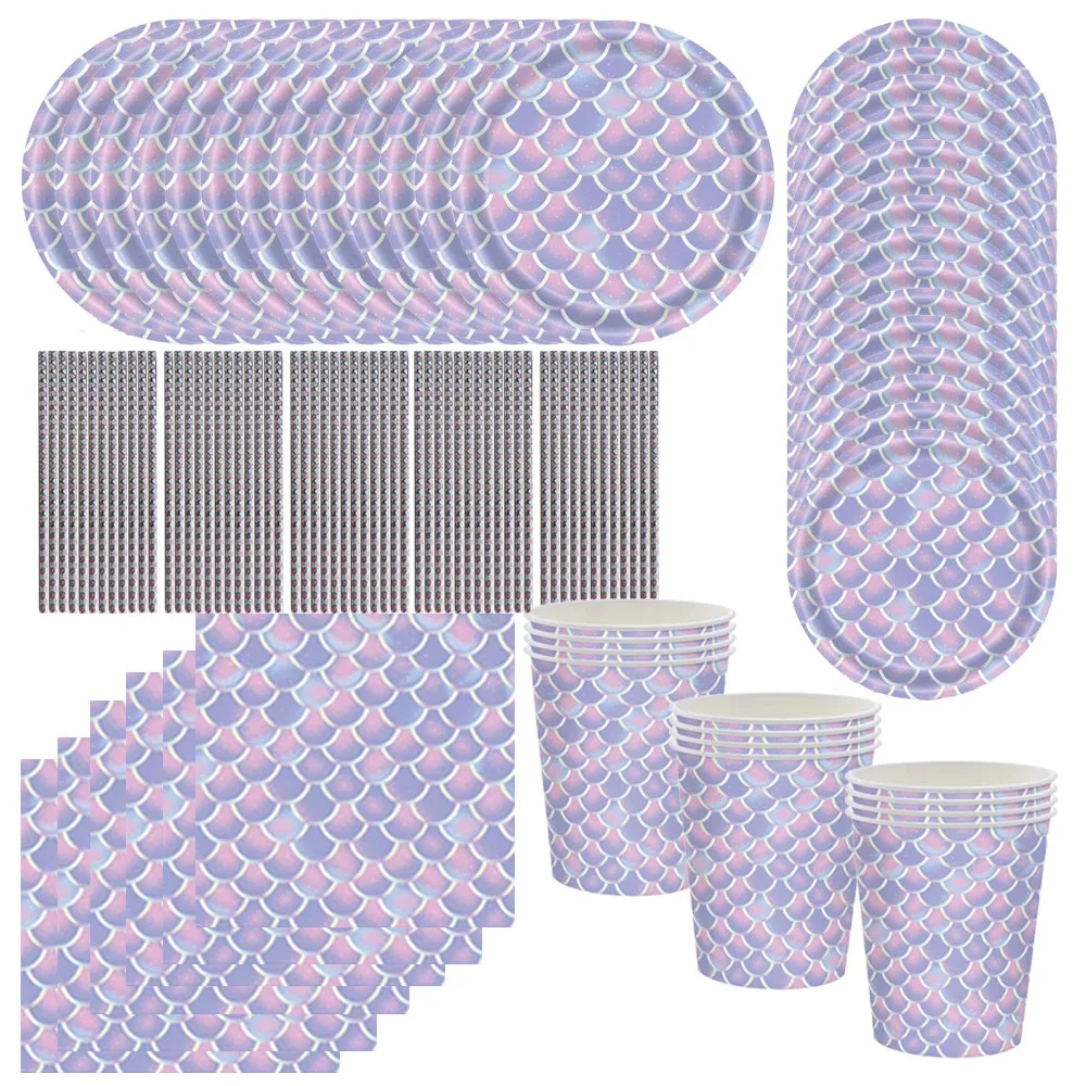 

New Little Mermaid Party Disposable Tableware Paper Plate Cup Napkin Tablecloth Kids Mermaid Birthday Decoration Supplies