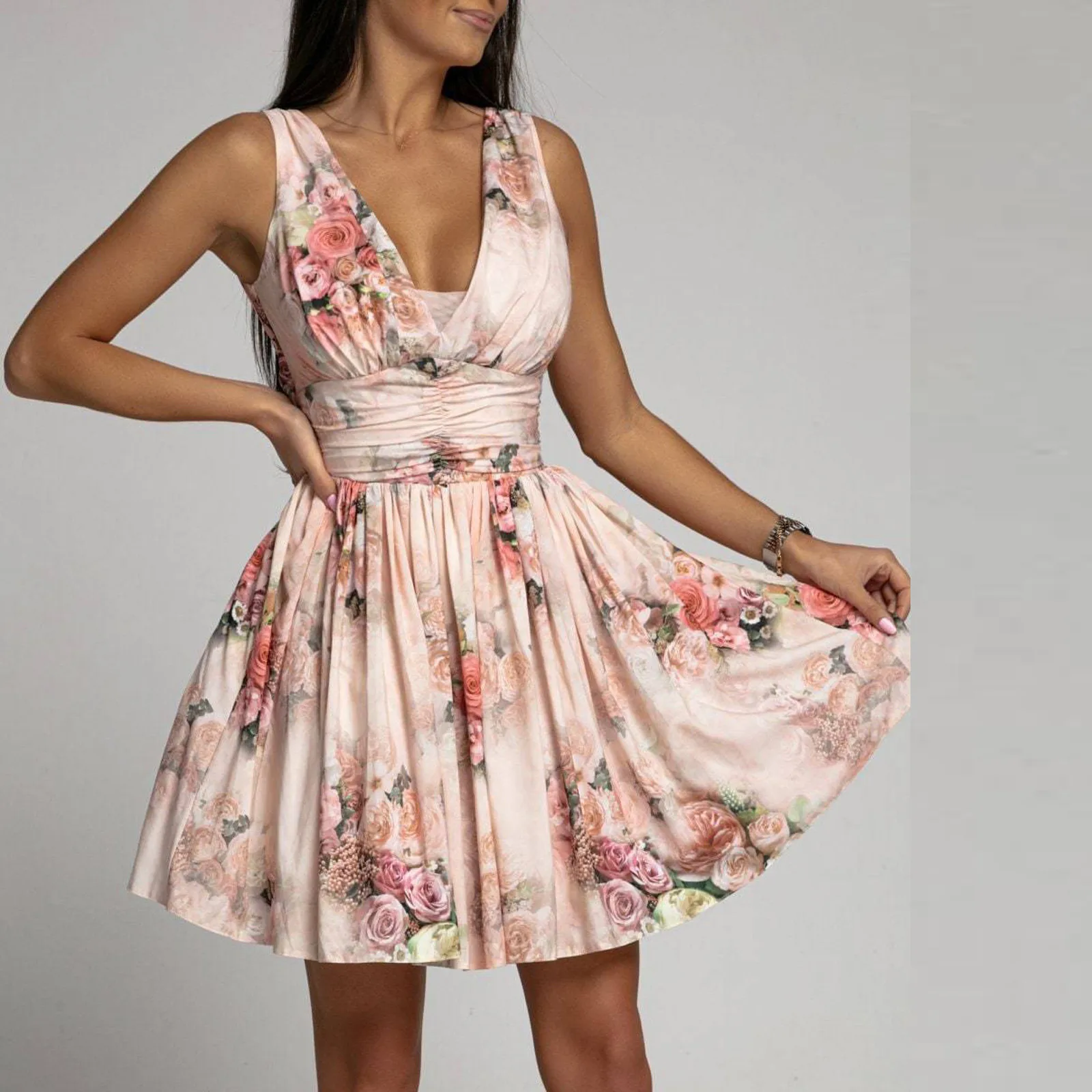 

Летние платья для женщин 2022 сексуальное Платье без рукавов с глубоким V-образным вырезом Женское Платье мини с открытой спиной и цветочным п...