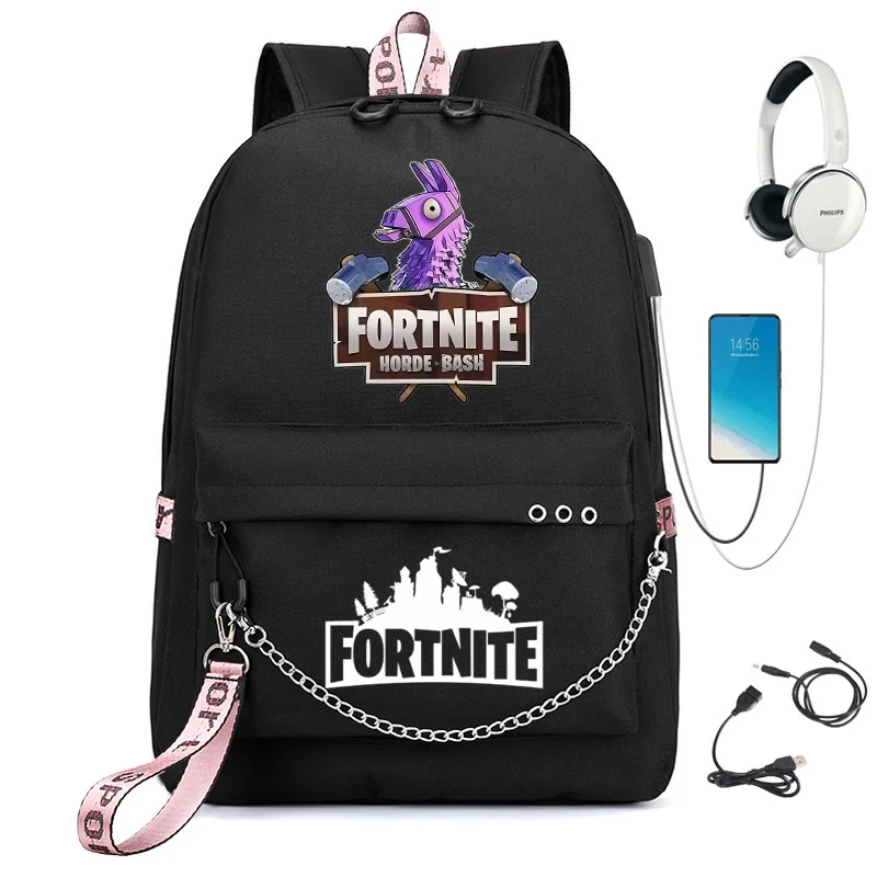 Фото Стильный корейский рюкзак Fortnite с принтом, тканевый, с металлической цепочкой, встроенным USB-портом, водонепроницаемый, легкий, для путешествий и хранения вещей №1