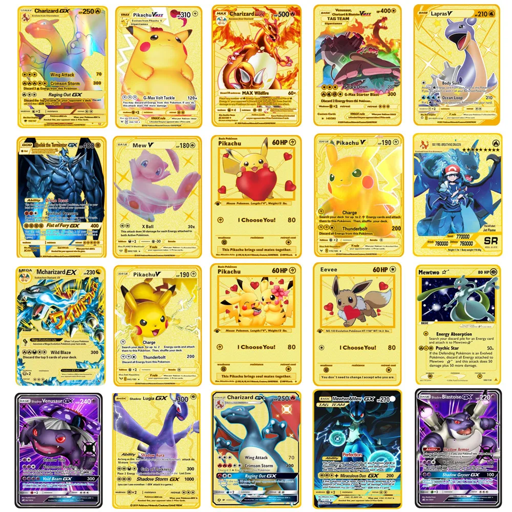 

Pokemon Cards in Spanish and English Metal Pokemon Letters Charizard Vmax Mewtwo Pikachu Metal Gold Pack Game Collection Cards