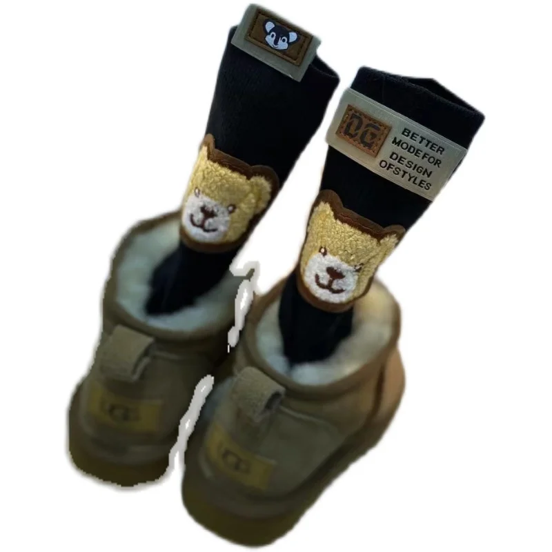 Bear Head Patch Trendy Lovers Socks All-match Autumn Winter Letters Labeling Black Middel Tube Stocking 2022 Net Red Cotton Scok