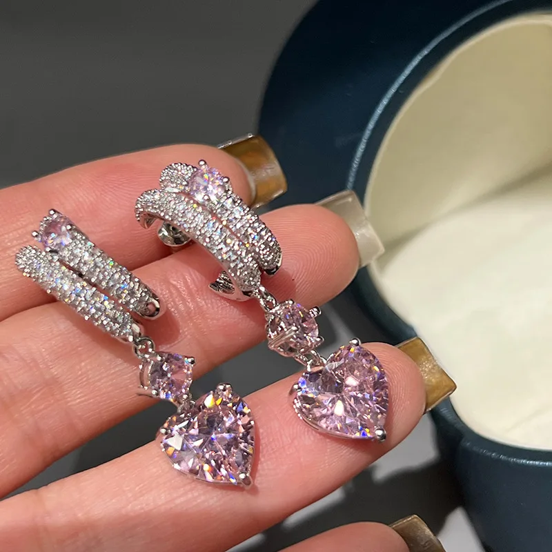 

pink translucent love heart-shaped zircon earrings sweet girly summer sparkling luxury peach dangles