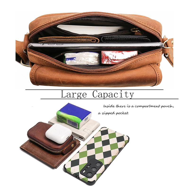 Vintage Men's Crazy horse leather shoulder bag Crossbody Small square bag for iPad mini