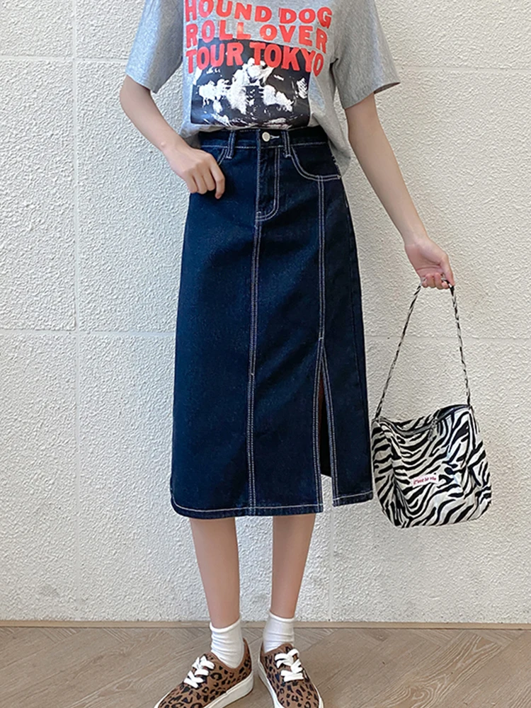 

Ailegogo Streetwear Female High Waist Mid-calf Split Blue Denim Skirt Summer Women A-line Button Loose Jeans Skirts Bottoms