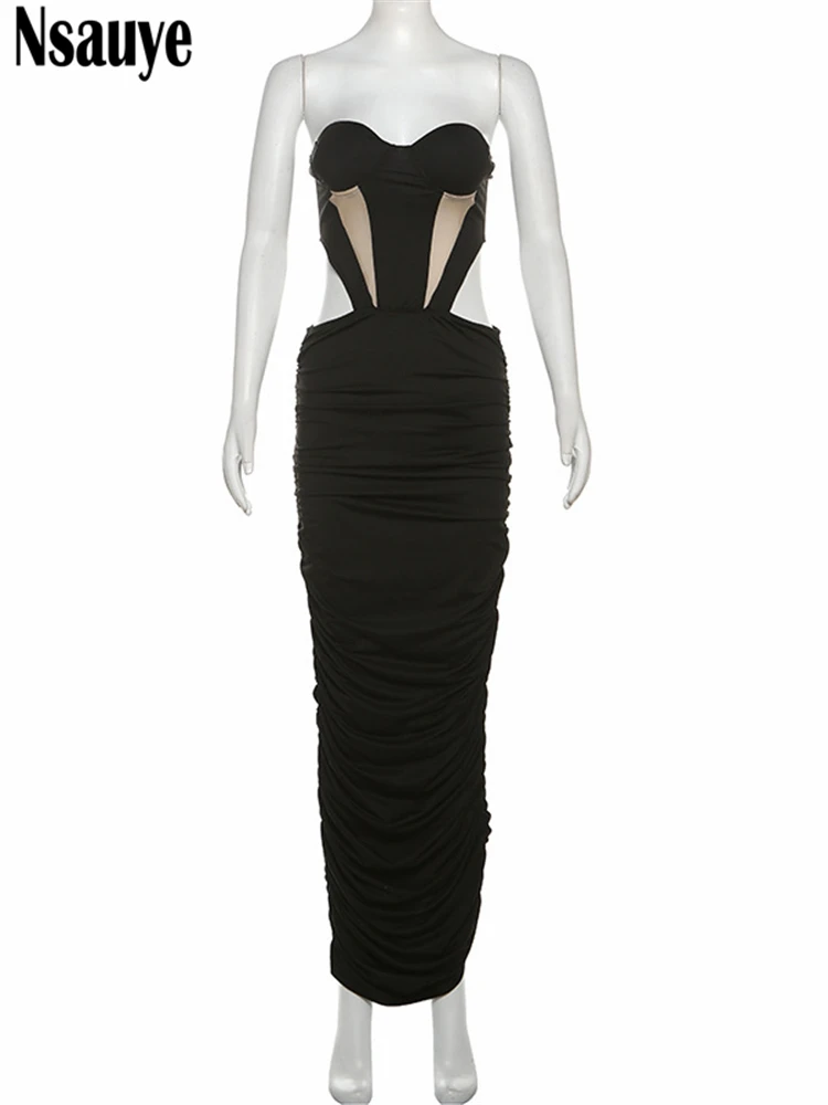 Nsauye женское длинное сексуальное облегающее платье с рюшами и вырезами на спине